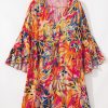 Women's Pink Floral Print Flared Sleeve Ruffled Hem Tunic Dress - Elegant V Neck High Waist Bohemian Style - Image 6