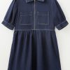 Women's Dirty Blue Zipped Bodice Collared Mini Denim Dress with Puff Sleeves - Image 5