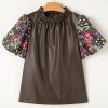 Women's Four Leaf Clover Floral Bubble Sleeve Patchwork Faux Leather Frilled Round Neck Blouse - Image 5