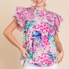 Women's Pink Floral Mixed Print Ruffle Cap Sleeve Blouse for Stylish Summer Wear - Image 8