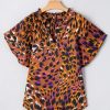 Women's Orange Leopard Printed Draped Short Sleeve Slit V Neck Blouse - Image 6