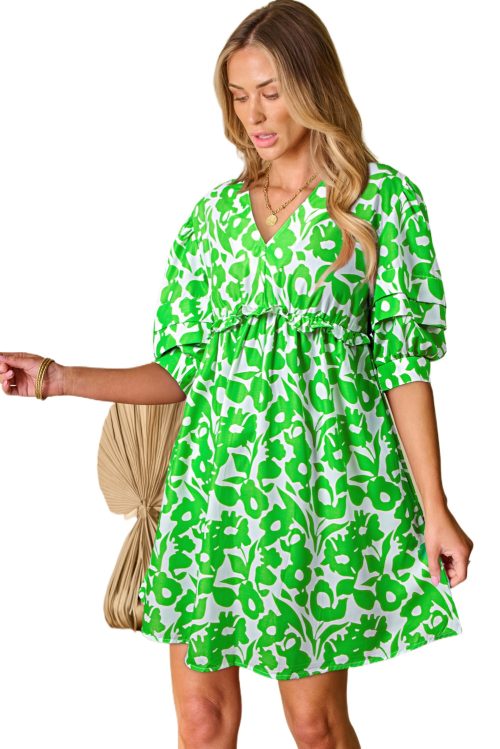 Elegant Green Floral Print Puff Half Sleeve V Neck Babydoll Dress for Women