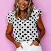 Women's White Polka Dot Print Ruffled Sleeve V Neck Blouse - Chic & Trendy - Image 6