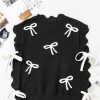 Women's Black Bow Print Scalloped Hem Short Sleeve Sweater T-Shirt - Image 8