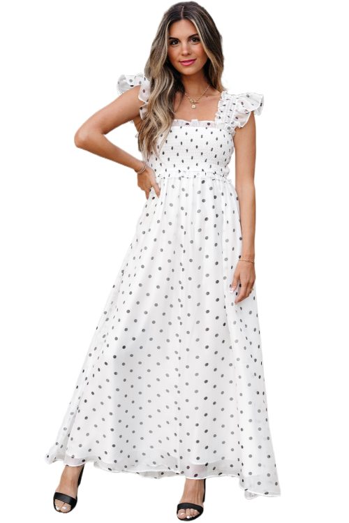 Women's White Polka Dot Flutter Sleeve Square Neck Smocked Maxi Dress