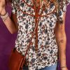 Women's White Floral Frilly Blouse with Lace Up Neckline - Trendy and Feminine - Image 3