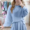 Women's Sky Blue Corded Lantern Sleeve Top & High Waist Ruffled Mini Skirt Set - Image 6