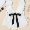 Women's Elegant White Contrast Bow Ruffle Trim V Neck Blouse - Image 7