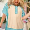 Plus Size Mint Green Color Block Raglan Sleeve Buttoned T-Shirt for Women - Image 10