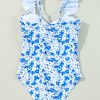 Women's Blue Floral Ruffled Strap Lace-Up Hollow Out One Piece Swimsuit - Image 13