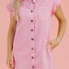 Women's Pink Short Sleeve Denim Shirt Dress with Double Chest Pockets - Image 11