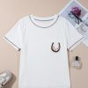 Women's White RODEO Horseshoe Embroidered Patch Pocket T-Shirt - Trendy Casual Tee - Image 7