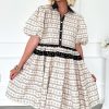 Elegant Women's Black Boho Floral Striped Contrast Trim Bubble Sleeve Flared Dress - Image 3