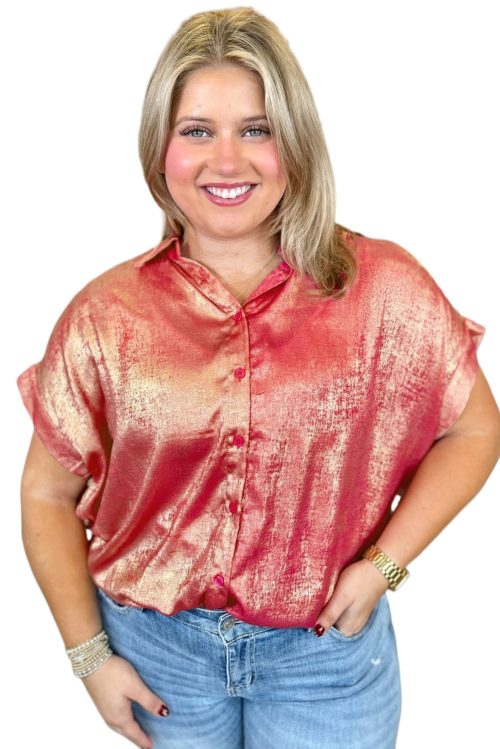 Plus Size Women's Rose Red Metallic Sheen Short Sleeve Button Up Shirt