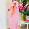 Women's Pink Textured Ruffled Sleeve Zipped Top and Wide Leg Pants Set - Image 5