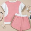 Women's Pink Textured Colorblock Patchwork Tee and High-Waist Shorts Set - Image 10