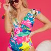 Women's Green Tropical Print V Neck Backless One Piece Swimsuit with Ruffle Detail - Image 3