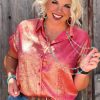 Plus Size Women's Rose Red Metallic Sheen Short Sleeve Button Up Shirt - Image 6