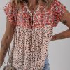 Chic Women's Red Printed Tie Neck Blouse with Embroidery Detail - Image 3