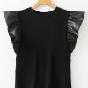 Women's Black Leather Ruffle Sleeve Blouse - Elegant Round Neck Top - Image 3