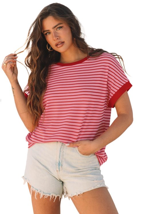 Women's Stylish Pink Stripe Knitted Round Neck T-Shirt with Boxy Fit