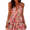 Women's Pink Floral Sleeveless Halter Neck Ruffled Mini Dress with Shirred Back - Image 17