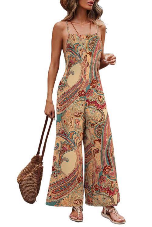 Elegant Red Paisley Printed Spaghetti Straps Wide Leg Jumpsuit for Women