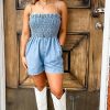 Women's Beau Blue Spaghetti Strap Smocked Denim Romper with Pockets - Image 2