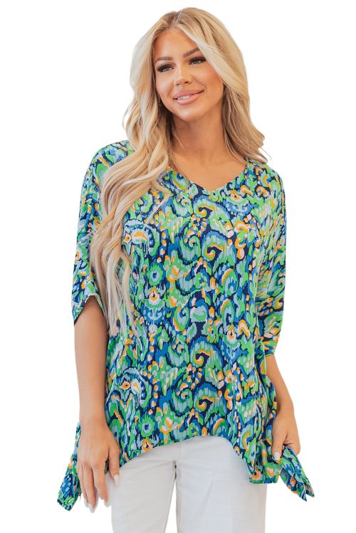 Women's Green Abstract Print V Neck Half Sleeve Tunic Blouse - Bohemian Style