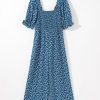 Women's Blue Vintage Boho Floral Smocked Wide Leg Jumpsuit with Puff Sleeves - Image 7