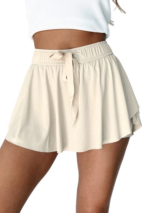 Women's Beige Drawstring High Waist Lined Tennis Skorts - Stylish and Comfortable for Active Wear