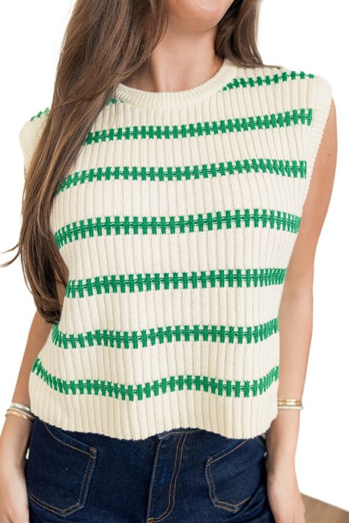 Trendy Bright Green Striped Round Neck Casual Sweater Vest for Women