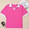 Plus Size Women's Pink Contrast Trim Collared Split Neck Short Sleeve Top - Image 5