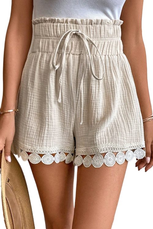 Women's Apricot Textured Frilled High Waist Lace Hem Shorts - Casual Summer Style