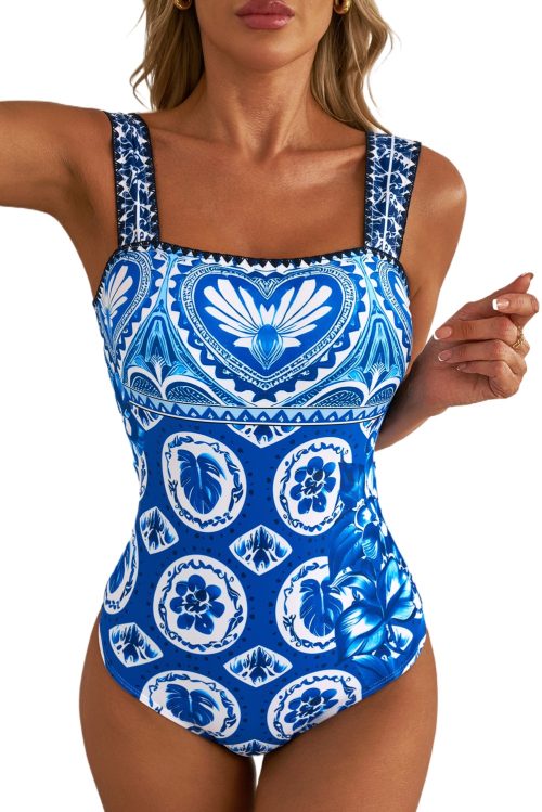 Women's Blue Tile Pattern Ricrac Wide Straps Sheath One Piece Swimsuit