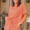 Stylish Pale Chestnut Textured Patched Pocket Short Sleeve Top & Drawstring Shorts Set for Women - Image 3