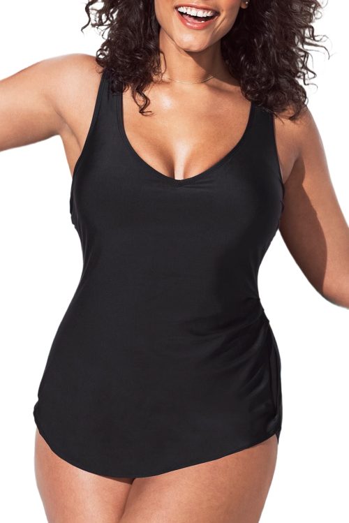 Women's Plus Size Black Solid Color U Neck Padded One Piece Swimsuit