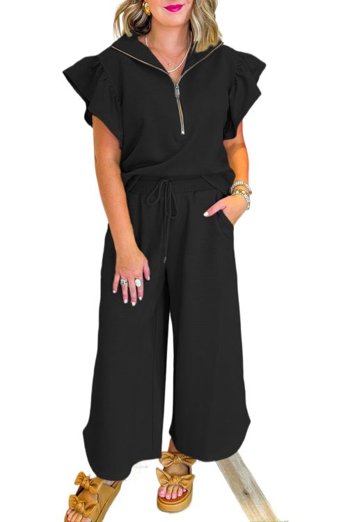 Women's Black Textured Ruffled Sleeve Zipped Top and Wide Leg Pants Set