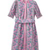 Women's Pink Floral Shirred Puff Sleeve Midi Dress with Sash - Bohemian Style - Image 11