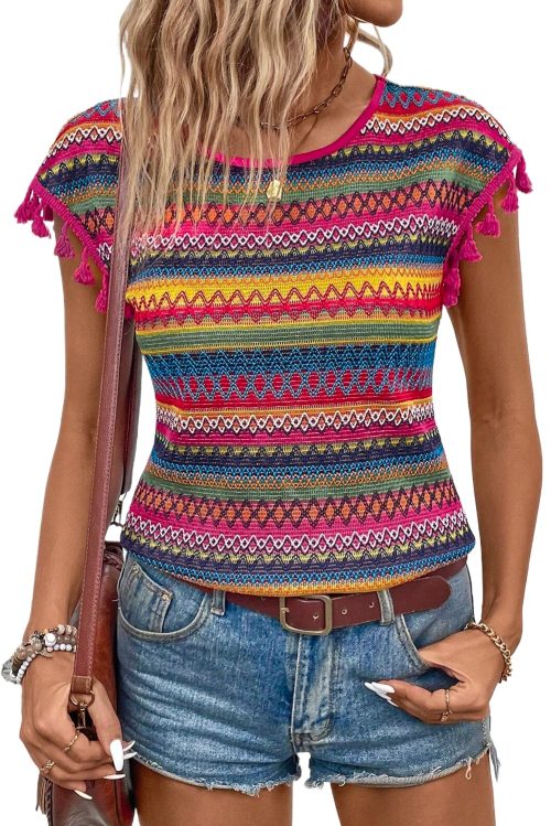 Women's Rose Red Jacquard Textured Tasseled Cap Sleeve Top - Bohemian Style