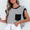 Women's Casual Black Stripe Round Neck Tank Top with Chest Pocket - Image 3