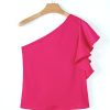 Women's Strawberry Pink Asymmetric Shoulder Ruffle Sleeve Elegant Blouse - Image 10