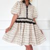 Elegant Women's Black Boho Floral Striped Contrast Trim Bubble Sleeve Flared Dress - Image 2