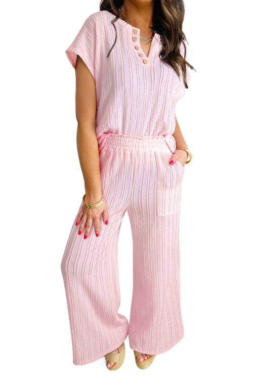 Women's Light Pink Textured Short Sleeve Henley Top & Pocketed Wide Leg Pants Set