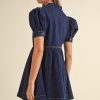 Women's Dirty Blue Zipped Bodice Collared Mini Denim Dress with Puff Sleeves - Image 2