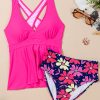 Women's Rose Floral V Neck Ruffled Hem Tankini Set - Stylish Beach Swimwear - Image 5