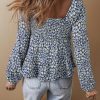 Women's Blue Boho Floral Print Smocked Square Neck Long Sleeve Blouse - Image 2