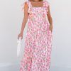 Women's Pink Floral Print Square Neck Ruffled Strap Maxi Dress for Summer - Image 5