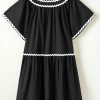 Women's Black Contrast Ricrac Trim Short Sleeve V Neck Mini Dress - Chic Summer Style - Image 7