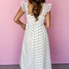 Women's White Polka Dot Flutter Sleeve Square Neck Smocked Maxi Dress - Image 9